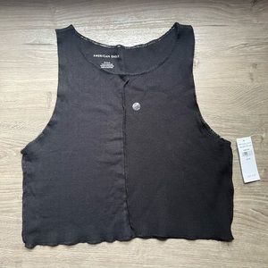 American Eagle Black Half Ribbed Half Waffle Design Cropped Tank